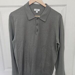 REISS Men’s Merino Wool Long Sleeve Polo Sweater - Slim Fit - Sage Green Size M